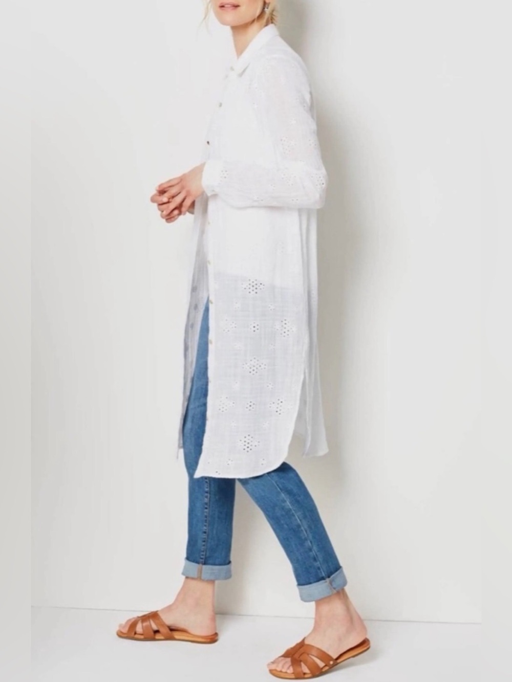 J. Jill Long Semi Sheer Eyelet Button Down Tunic/ CoverUp - Picture 2 of 11